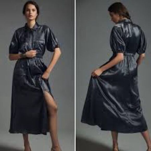🔥 Samant Chauhan X Anthropologie metallic slate Utility zip up Shirt midi dress - Picture 2 of 9
